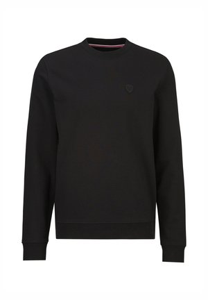 Schwarzer Langarm-Sweatshirt mit Rundhalsausschnitt, Rippbündchen an Ärmeln und Saum sowie dezent gesticktem Schild-Logo auf der linken Brust.