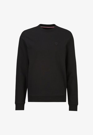 Schwarzer Langarm-Sweatshirt mit Rundhalsausschnitt, Rippbündchen an Ärmeln und Saum sowie dezent gesticktem Schild-Logo auf der linken Brust.