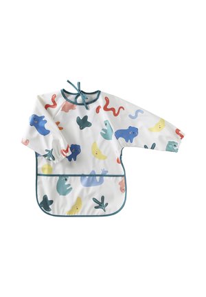 Langärmeliges weißes Lätzchen für Kleinkinder mit bunten Tier- und Mondmustern, elastischen Bündchen, Tasche und Nackenverschluss.