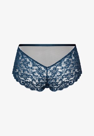 Koronkowe majtki typu hipster w ciemnoniebieskim kolorze z falbaniastymi brzegami, kwiatowym wzorem i gładką talią. Wykonane z przezroczystego materiału koronkowego.
