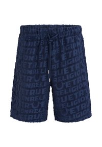 Navy blue terry cloth shorts with elastic waistband, drawstring, and embossed "TRUE RELIGION" text pattern all over.