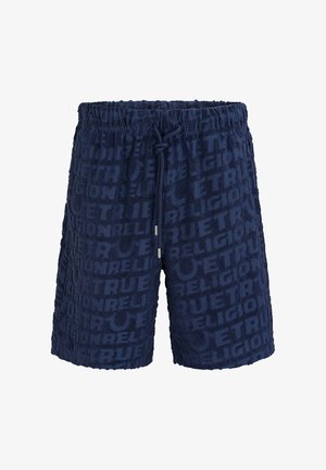 Granatowe szorty z frotty z elastycznym pasem, sznurkiem do wiązania oraz wytłaczanym wzorem tekstowym "TRUE RELIGION" na całej powierzchni.