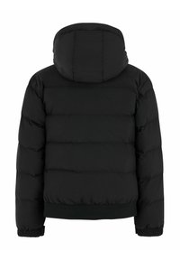 Schwarze Pufferjacke mit Kapuze, gestepptem Design, elastischen Bündchen und Saum. Hergestellt aus glattem, strapazierfähigem Material mit minimalistischer Optik.