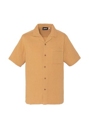 Chemise pour hommes à manches courtes camel marron avec col de camp et poche poitrine brodée du nom de la marque "Schott".
