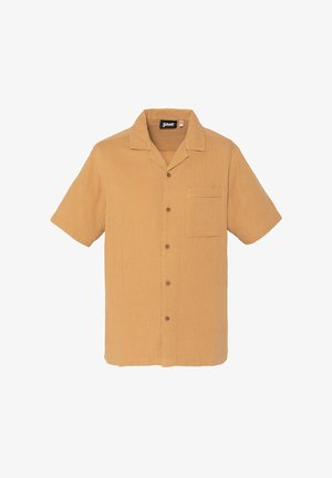Chemise pour hommes à manches courtes camel marron avec col de camp et poche poitrine brodée du nom de la marque "Schott".