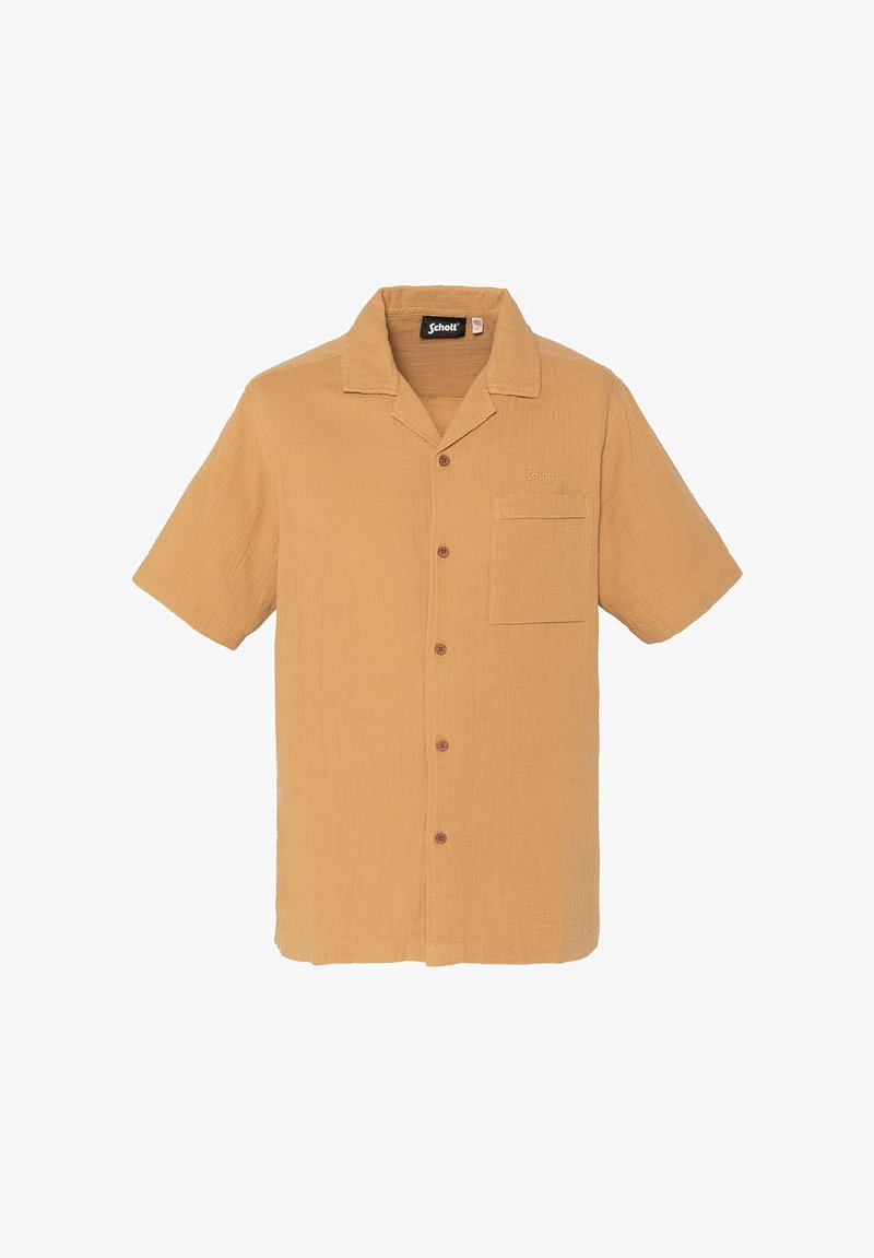 Chemise pour hommes à manches courtes camel marron avec col de camp et poche poitrine brodée du nom de la marque "Schott".