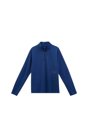 Blauer Pullover mit langen Ärmeln aus strukturiertem Stoff, ausgestattet mit einem Viertel-Reißverschluss und einem dezenten Logo auf der Vorderseite.