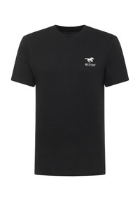 Čierne bavlnené tričko s okrúhlym v�ýstrihom a krátkymi rukávmi. Na ľavej hrudi sa nachádza biele logo Mustang. Mäkká textúra, štandardný strih.