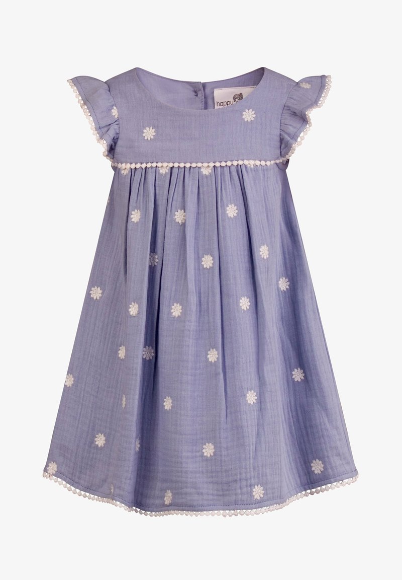 Světle modré bavlněné šaty s volánovými rukávy, bílou květinovou výšivkou a dekorativním lemem na spodním okraji. Mají kulatý výstřih a zapínání na knoflíky.