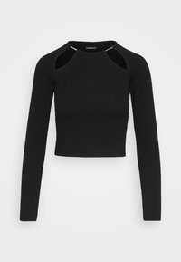 Mustat ribattut pitkät hihat crop-top, jossa on pyöreä pääntie ja leikattu yksityiskohta olkapäillä. Sileä rakenne ja tiukka muoto.