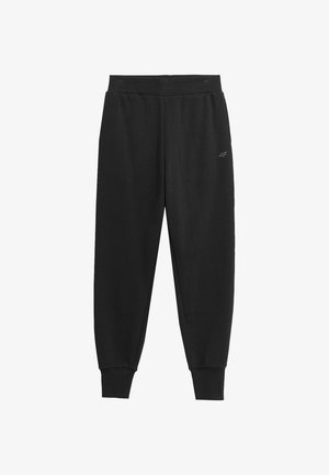 Black sweatpants made from soft fabric with an elastic waistband and cuffs. Features a small logo detail on the left thigh.