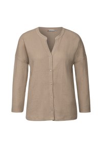 Beige pletený kardigan s výstřihem do V, dlouhými rukávy a pěti knoflíky na přední straně. Má texturovanou tkaninu a mírně oversize střih.