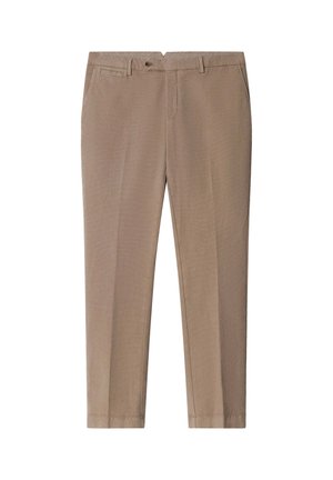 Beige maßgeschneiderte Hose aus glattem Stoff, mit geradem Schnitt, vorderen Taschen und einem Knopfverschluss an der Taille.