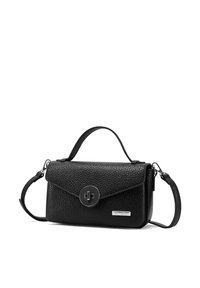 Borsa a mano in pelle nera con superficie texture, forma rettangolare, manico superiore, tracolla rimovibile e chiusura metallica rotonda.