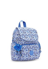 Blue backpack featuring a geometric pattern in white, a front pocket, zipper closures, a plush monkey keychain, and a top handle.