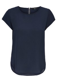 Námořnický top s krátkým rukávem vyrobený z lehké tkaniny, s kulatým výstřihem a nenápadným zadním zipem. Hladká textura s mírným leskem.