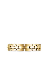 Gold-tone bracelet with interlocking links, featuring a smooth, polished finish and a minimalist design. Engraved logo detail is visible.
