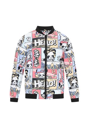 Leichte Bomberjacke mit einem verspielten Panda-Grafikmuster in Pastellfarben, ausgestattet mit einem schwarzen Reißverschluss sowie gerippten Bündchen und Kragen.