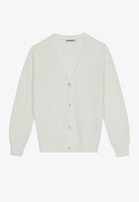 Bílý žebrovaný cardigan s výstřihem do V, dlouhými rukávy a pěti velkými knoflíky na přední straně. Vyrobený z texturované pleteniny.