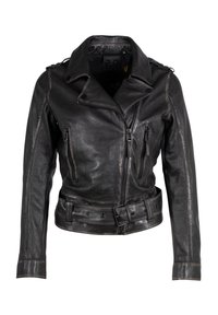 Giacca da moto in pelle nera con cintura in vita, zip anteriore asimmetrica e quattro tasche con zip. Finitura testurizzata e collo largo.