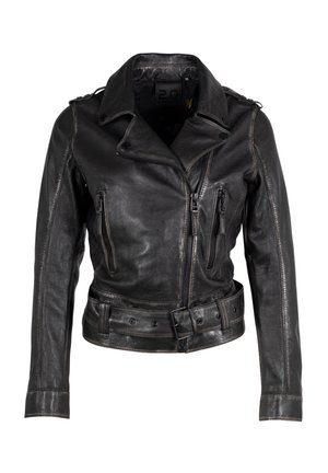 Veste de moto en cuir noir avec taille ceinturée, fermeture éclair frontale asymétrique et quatre poches zippées. Fini texturé et large col.