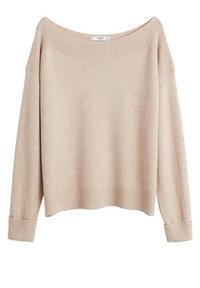 Beige schulterfreier Pullover aus weichem Material, mit gerippten Akzenten am Ausschnitt und an den Bündchen, im lässigen Schnitt und mit geradem Saum.