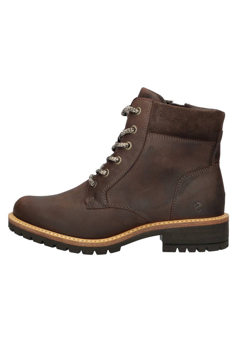 Botas de cuero marrón a la altura del tobillo con un collar de ante, puntera redonda, cierre de cordones en la parte delantera, ojales de metal y una suela de goma texturizada con un borde cosido.