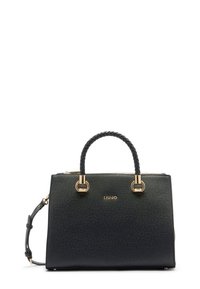 Sac à main structuré noir avec finition texturée, ferrures dorées, anses tressées et bandoulière amovible. Logo de la marque affiché.