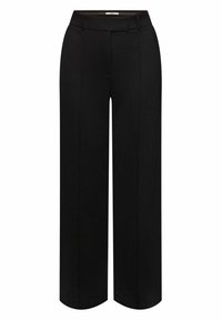 Svarta vida byxor med en jämn tygtextur, utrustade med en platt midja, frontveck och en skräddarsydd design. Inga synliga fickor.