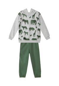 Felpa grigia con cappuccio e stampa animale verde scuro; pantaloni jogger abbinati verde scuro con polsini elasticizzati per un outfit coordinato.