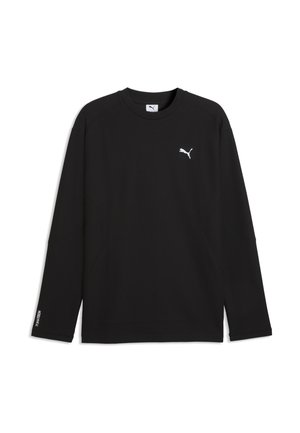 T-shirt noir à manches longues Puma avec col rond, logo Puma blanc sur la poitrine gauche, et texte "PUMA TECH" sur la manche gauche près du poignet.