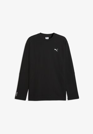 Camiseta negra de manga larga Puma con cuello redondo, logo blanco de Puma en el pecho izquierdo y texto "PUMA TECH" en la manga izquierda cerca de la muñeca.