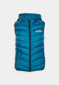 Türkiser Puffer-Weste mit Kapuze, Reißverschluss und Seitentaschen. Verfügt über ein horizontal gestepptes Muster und weiße Akzentdetails. Branding auf der Brust.