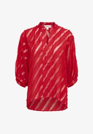 Červená priesvitná blúzka so pruhovaným vzorom. Má výstrih v tvare kľúčovej diery, 3/4 balónové rukávy a strapcové okraje. Voľný, prúdiaci dizajn.