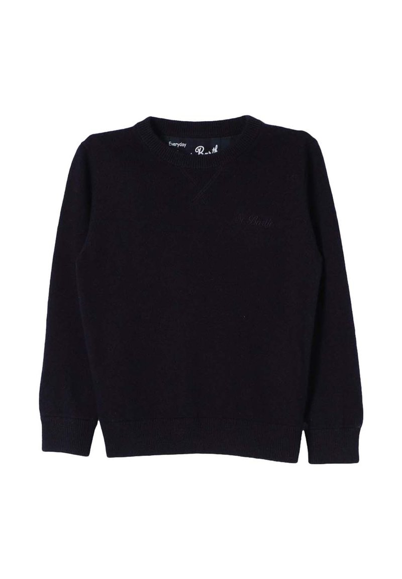 Maglione nero con design a V, realizzato in tessuto morbido. Presenta polsini e orlo a costine, con un logo discreto sul davanti.