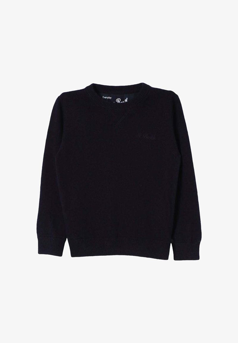 Maglione nero con design a V, realizzato in tessuto morbido. Presenta polsini e orlo a costine, con un logo discreto sul davanti.