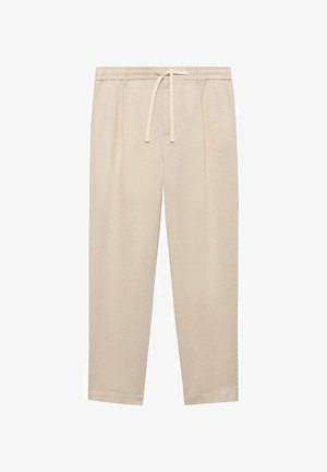 Beige linen trousers with a relaxed fit, elastic waistband, and drawstring detail. Features straight legs and no visible pockets.