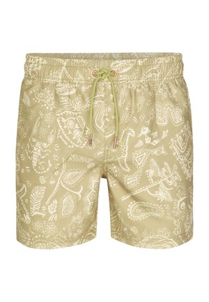 Licht kaki zwemshorts met witte tribale en bloemmotieven en een groen trekkoord in de elastische tailleband.