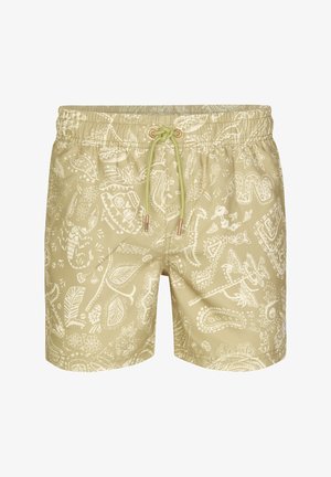 Licht kaki zwemshorts met witte tribale en bloemmotieven en een groen trekkoord in de elastische tailleband.
