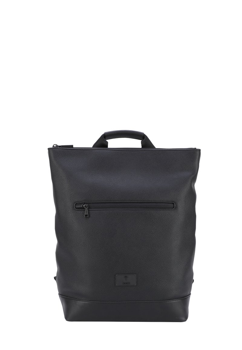 Zaino in pelle nera con superficie texture, manico superiore e tasca frontale con zip. Presenta un elegante fondo liscio.