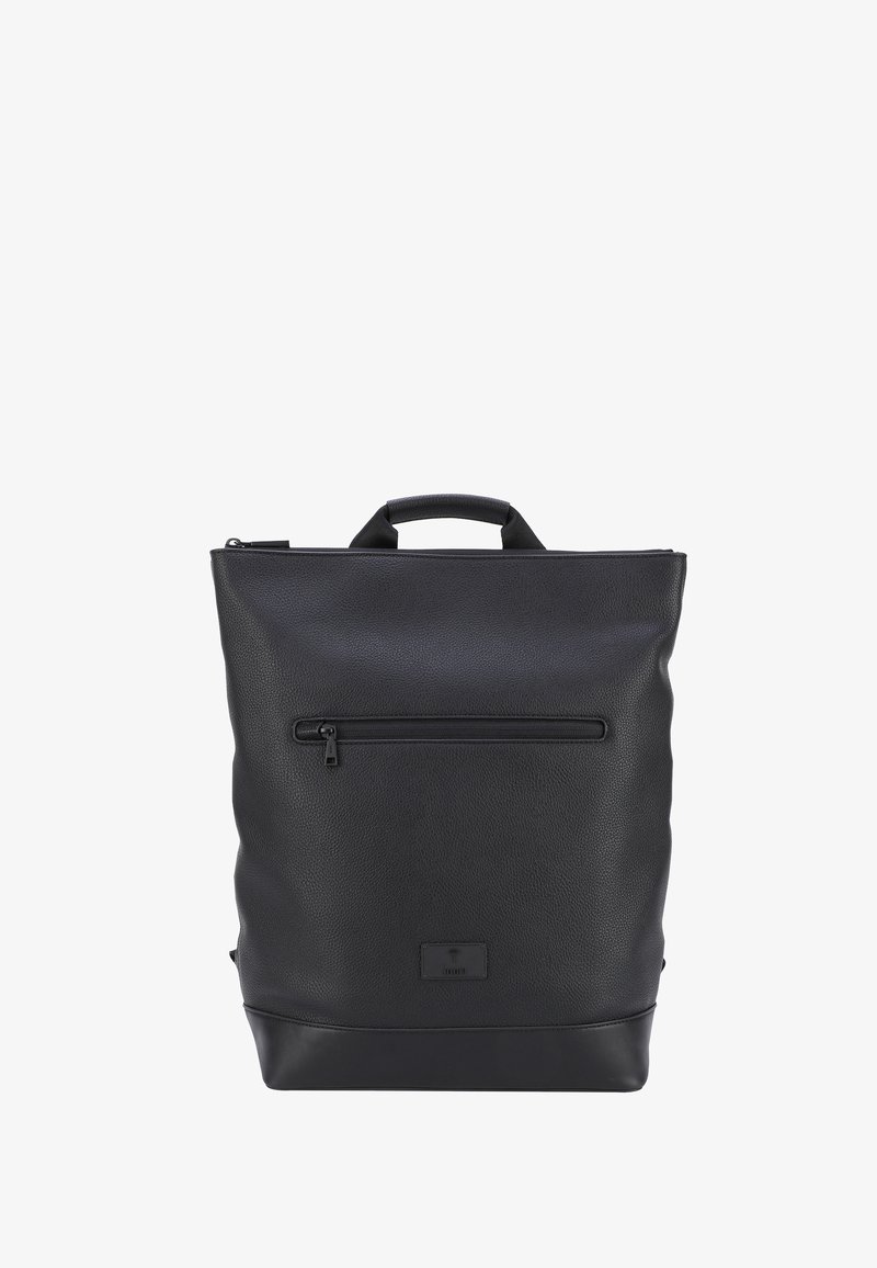 Zaino in pelle nera con superficie texture, manico superiore e tasca frontale con zip. Presenta un elegante fondo liscio.