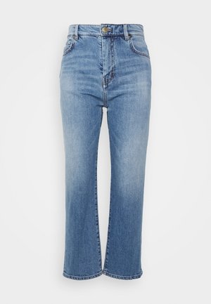 Hellblaue High-Waist Jeans mit geradem Bein, vorn mit Knopf, Reißverschluss sowie Taschen vorne und hinten.