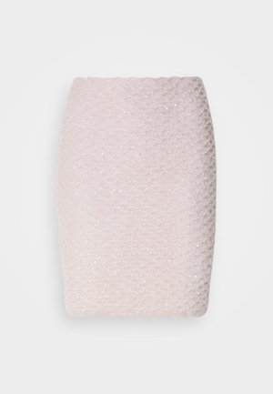 Knee-length pink pencil skirt with a textured pattern and subtle sparkle. Features a fitted design that emphasizes shape and silhouette.