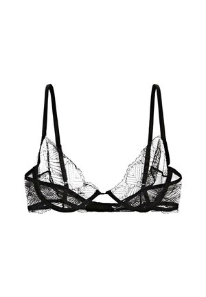 Soutien-gorge en dentelle noire avec fines bretelles réglables et armatures, avec un motif en maille florale et une petite fermeture centrale à l'avant.
