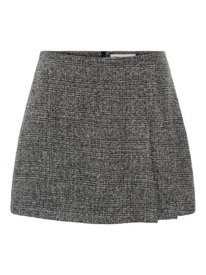 Mini-jupe grise texturée avec un design plissé, dotée d'une fermeture éclair discrète à l'arrière. Le tissu présente un motif tissé.