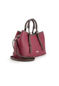 Red leather handbag with gray accents. Features dual handles and a detachable shoulder strap. Textured surface with a subtle sheen.