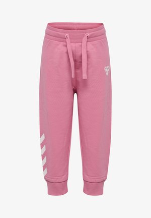 Pantalons de survêtement roses en tissu doux, avec une taille élastique à cordon de serrage, des poignets côtelés et des rayures blanches angulaires sur les côtés.