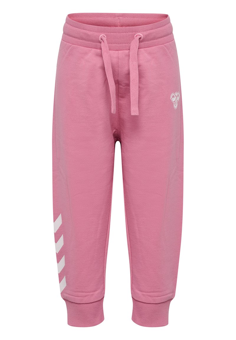 Rosa sweatpants i mjukt tyg, med elastisk midja och snörning, ribbade muddarna och vita snedsträck på sidorna.