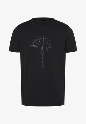 T-shirt in cotone nero con un design grafico lucido di una lancia o tridente stilizzato sul davanti. Maniche corte e collo rotondo.