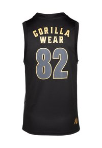 Juodas be rankovių maikė su "GORILLA WEAR" ir "82" auksinėmis ir pilkomis spalvomis. Savybės: minkšta tekstūra ir šoninės tinklinės panelės akcentai.